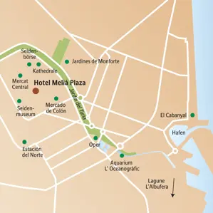 Übersichtskarte der Studiosus-Städtereise Valencia mit zentralem Hotel Meliá Plaza und Sehenswürdigkeiten wie der Seidenbörse.