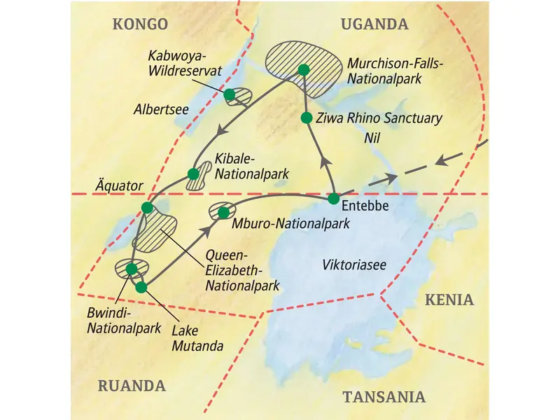 Karte der Studiosus Studienreise durch Uganda, die von Entebbe zu den Highlights wie dem Murchison-Falls- und Bwindi-Nationalpark führt.