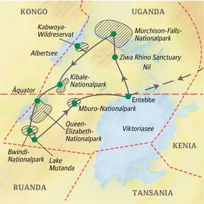 Karte der Studiosus Studienreise durch Uganda, die von Entebbe zu den Highlights wie dem Murchison-Falls- und Bwindi-Nationalpark führt.