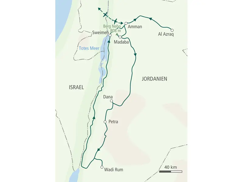 Karte der Wanderreise in Jordanien. Die Route führt von Amman über Azraq, Madaba, Petra und das Wadi Rum zum Toten Meer.