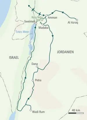 Karte der Wanderreise in Jordanien. Die Route führt von Amman über Azraq, Madaba, Petra und das Wadi Rum zum Toten Meer.