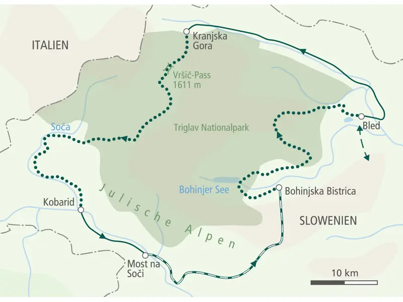 Routenverlauf der Wanderreise in den Julischen Alpen: von Bled über den Vršič-Pass, Kobarid und entlang der Soča zum Bohinjer See.