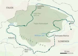 Routenverlauf der Wanderreise in den Julischen Alpen: von Bled über den Vršič-Pass, Kobarid und entlang der Soča zum Bohinjer See.