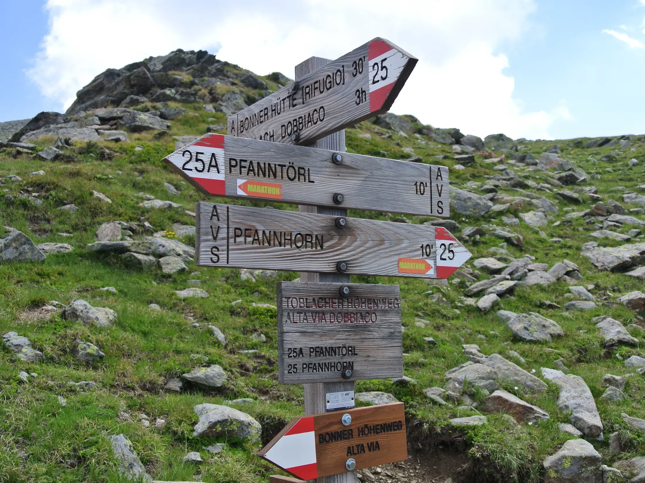 Hölzerner Wanderwegweiser am Pfanntörl mit Schildern zum Toblacher Pfannhorn und zur Bonner Hütte in den Osttiroler Alpen.