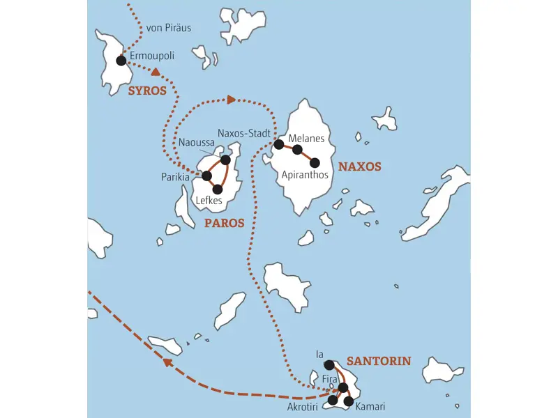 Karte der Marco Polo Rundreise auf den Kykladen von Syros über Paros und Naxos bis zur Vulkaninsel Santorin.