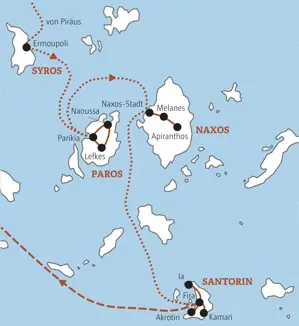 Karte der Marco Polo Rundreise auf den Kykladen von Syros über Paros und Naxos bis zur Vulkaninsel Santorin.