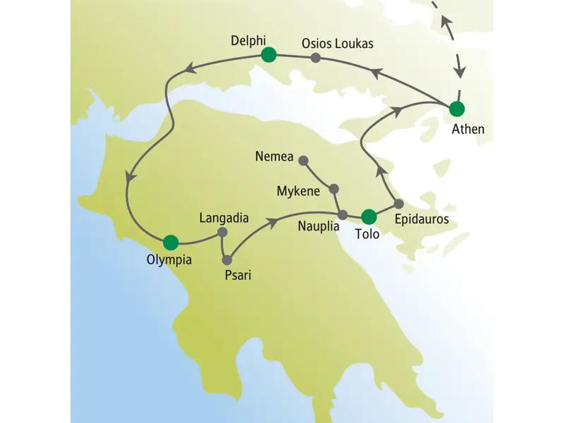 Karte der Studiosus Singlereise in Griechenland mit der Route von Athen über Delphi und Olympia bis nach Mykene und Epidauros.
