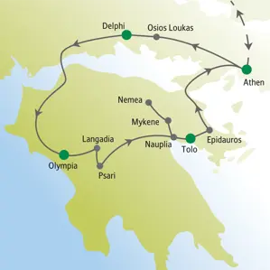Karte der Studiosus Singlereise in Griechenland mit der Route von Athen über Delphi und Olympia bis nach Mykene und Epidauros.