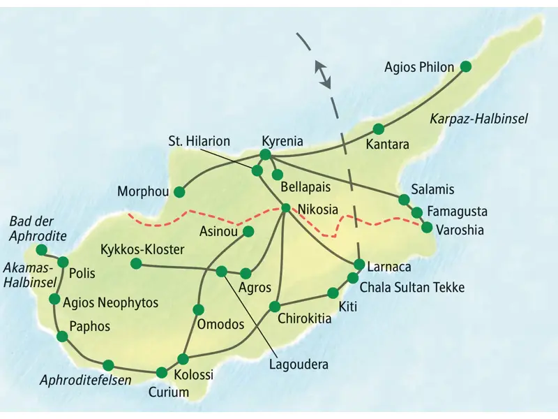 Karte der Reiseroute für die Studiosus Studienreise auf Zypern, die von Larnaca über Nikosia, Paphos und die Karpaz-Halbinsel führt.