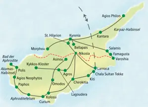 Karte der Reiseroute für die Studiosus Studienreise auf Zypern, die von Larnaca über Nikosia, Paphos und die Karpaz-Halbinsel führt.