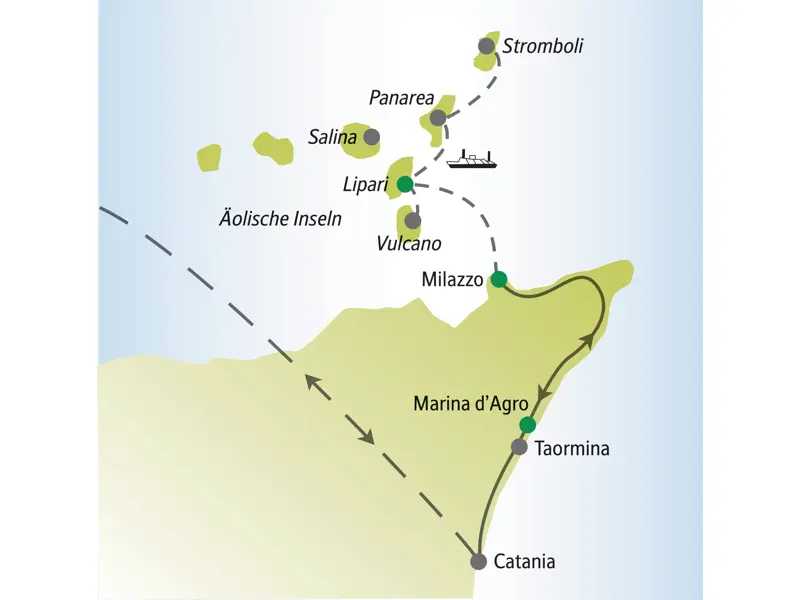 Karte der Studiosus Singlereise auf die Äolischen Inseln und Sizilien mit der Route von Milazzo nach Lipari, Stromboli und Taormina.