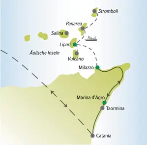 Karte der Studiosus Singlereise auf die Äolischen Inseln und Sizilien mit der Route von Milazzo nach Lipari, Stromboli und Taormina.