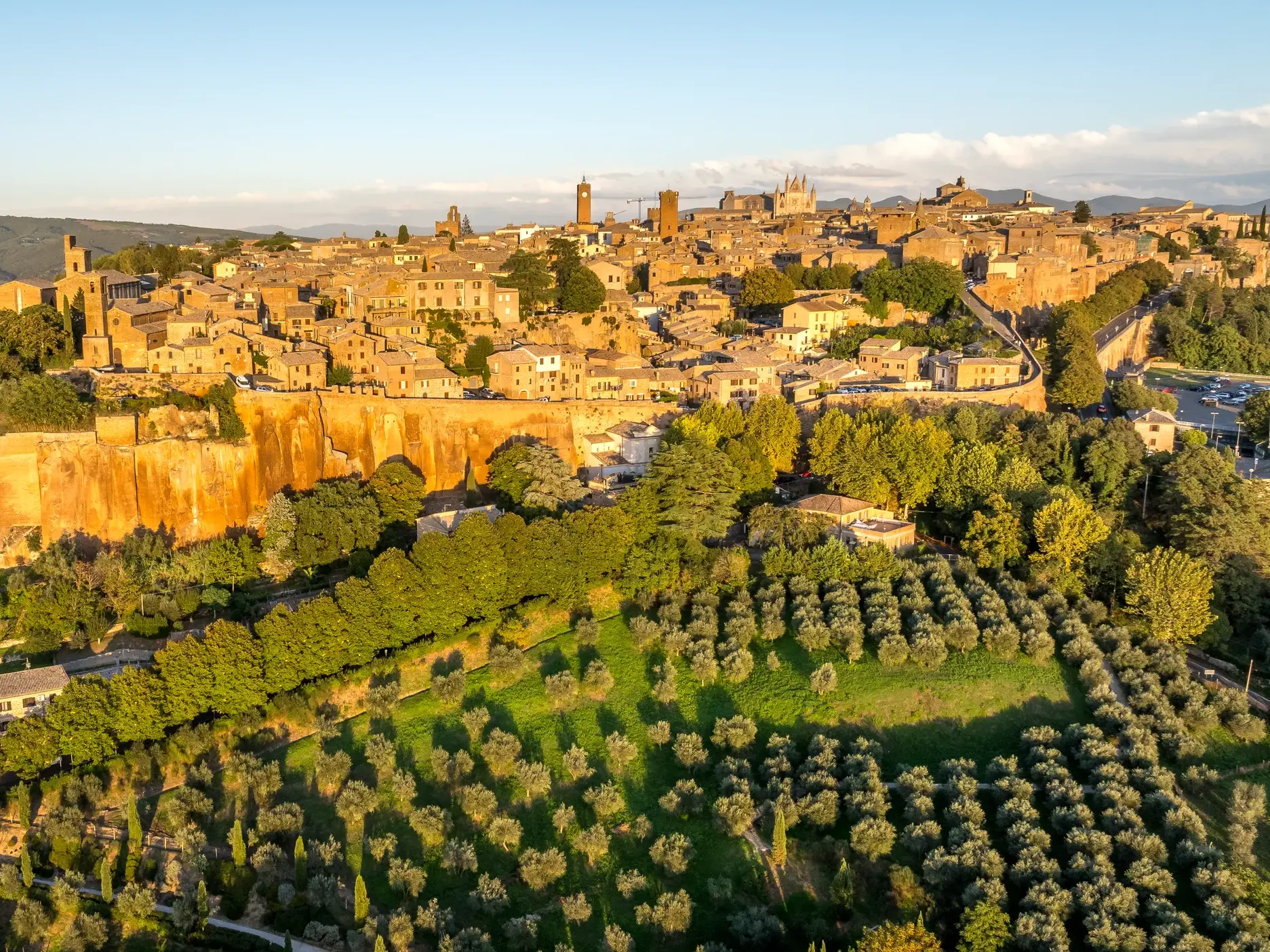 Die historische Altstadt von Orvieto in Umbrien thront auf einem Tuffsteinfelsen über grünen Olivenhainen im Abendlicht.