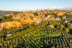 Die historische Altstadt von Orvieto in Umbrien thront auf einem Tuffsteinfelsen über grünen Olivenhainen im Abendlicht.