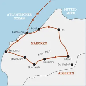 Reiseroute der Marco Polo YOUNG LINE TRAVEL Gruppenreise für junge Leute in Marokko: von Casablanca über Fes, Erfoud, Marrakesch und Essaouira zurück.