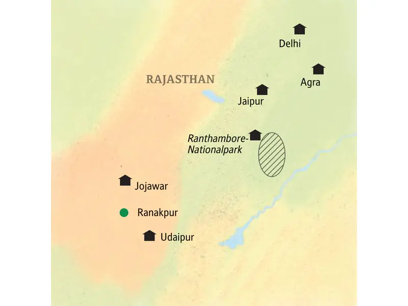 Routenverlauf unserer Kleingruppenreise in Indiens Rajasthan: von Delhi über Udaipur, Jojawar, Jaipur, Ranthambore und Agra.