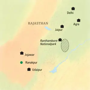 Routenverlauf unserer Kleingruppenreise in Indiens Rajasthan: von Delhi über Udaipur, Jojawar, Jaipur, Ranthambore und Agra.