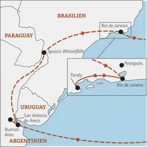 Karte der Kleingruppenreise in Argentinien & Brasilien: von Buenos Aires über die Iguazú-Wasserfälle bis nach Rio de Janeiro.
