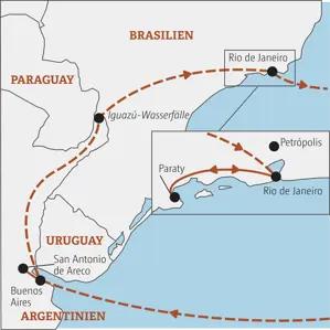 Karte der Kleingruppenreise in Argentinien & Brasilien: von Buenos Aires über die Iguazú-Wasserfälle bis nach Rio de Janeiro.