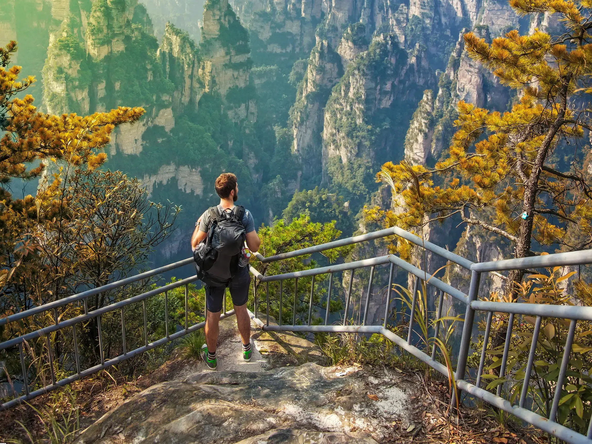 Mann mit Rucksack steht auf einer Aussichtsplattform und genießt den Blick über die grünen Felsnadeln im Zhangjiajie-Nationalpark.