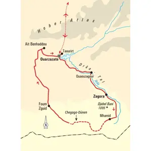 Reiseroute unseres Kamel-Trekkings in Marokko: Von Ouarzazate durch die Sahara zu den Chegaga-Dünen und Ait Benhaddou.