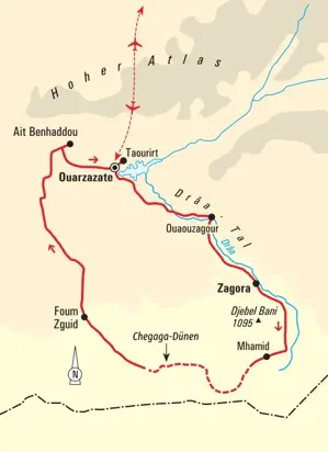 Reiseroute unseres Kamel-Trekkings in Marokko: Von Ouarzazate durch die Sahara zu den Chegaga-Dünen und Ait Benhaddou.