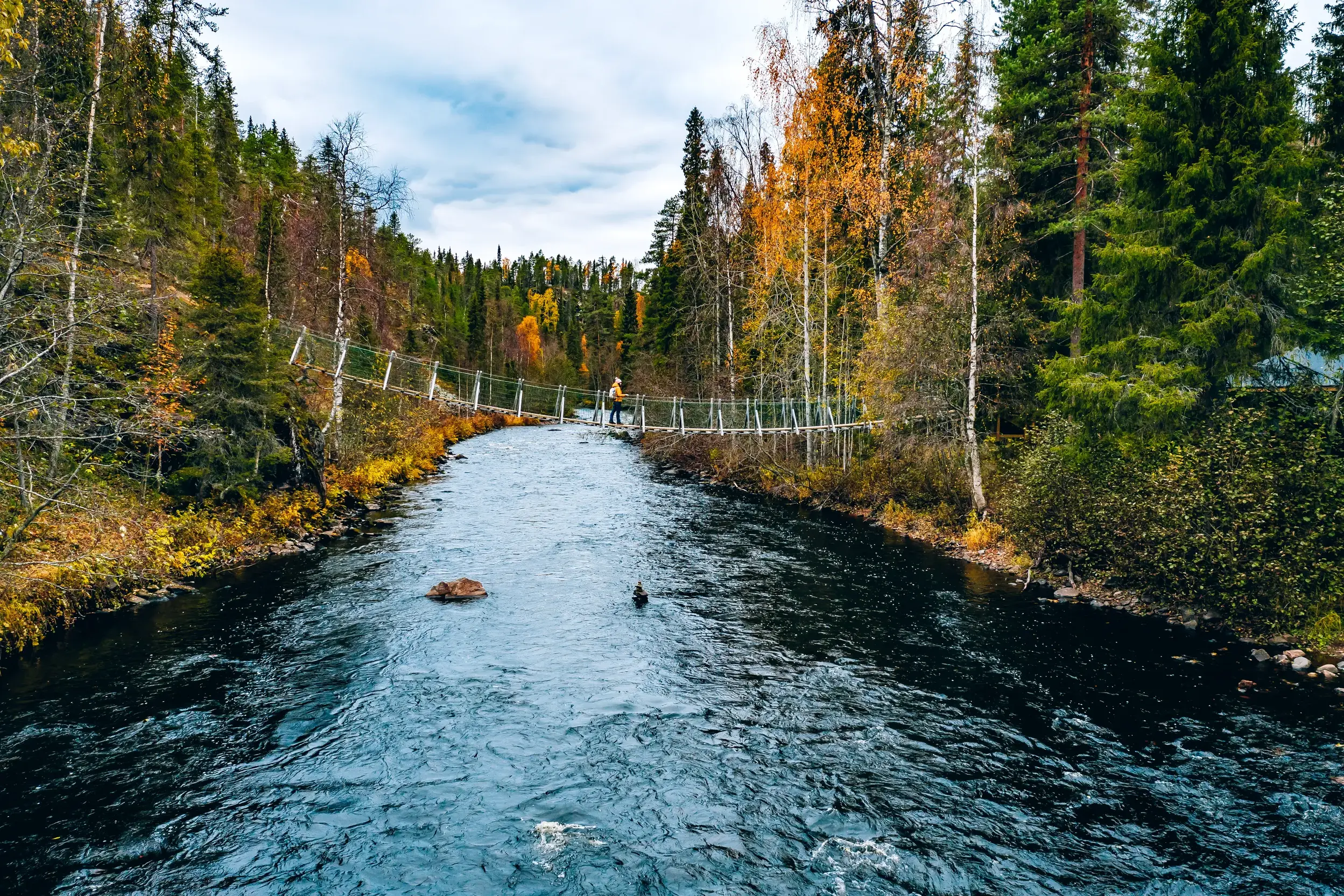 Wanderer überqueren eine Hängebrücke auf der Bärenrunde im Oulanka-Nationalpark während der finnischen Ruska.