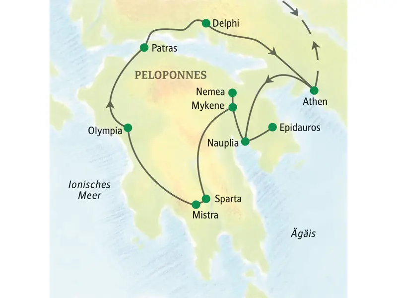 Reiseroute der Studiosus-Studienreise durch Griechenland: von Athen über den Peloponnes mit Mykene, Olympia und Delphi.
