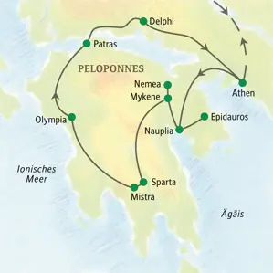Reiseroute der Studiosus-Studienreise durch Griechenland: von Athen über den Peloponnes mit Mykene, Olympia und Delphi.