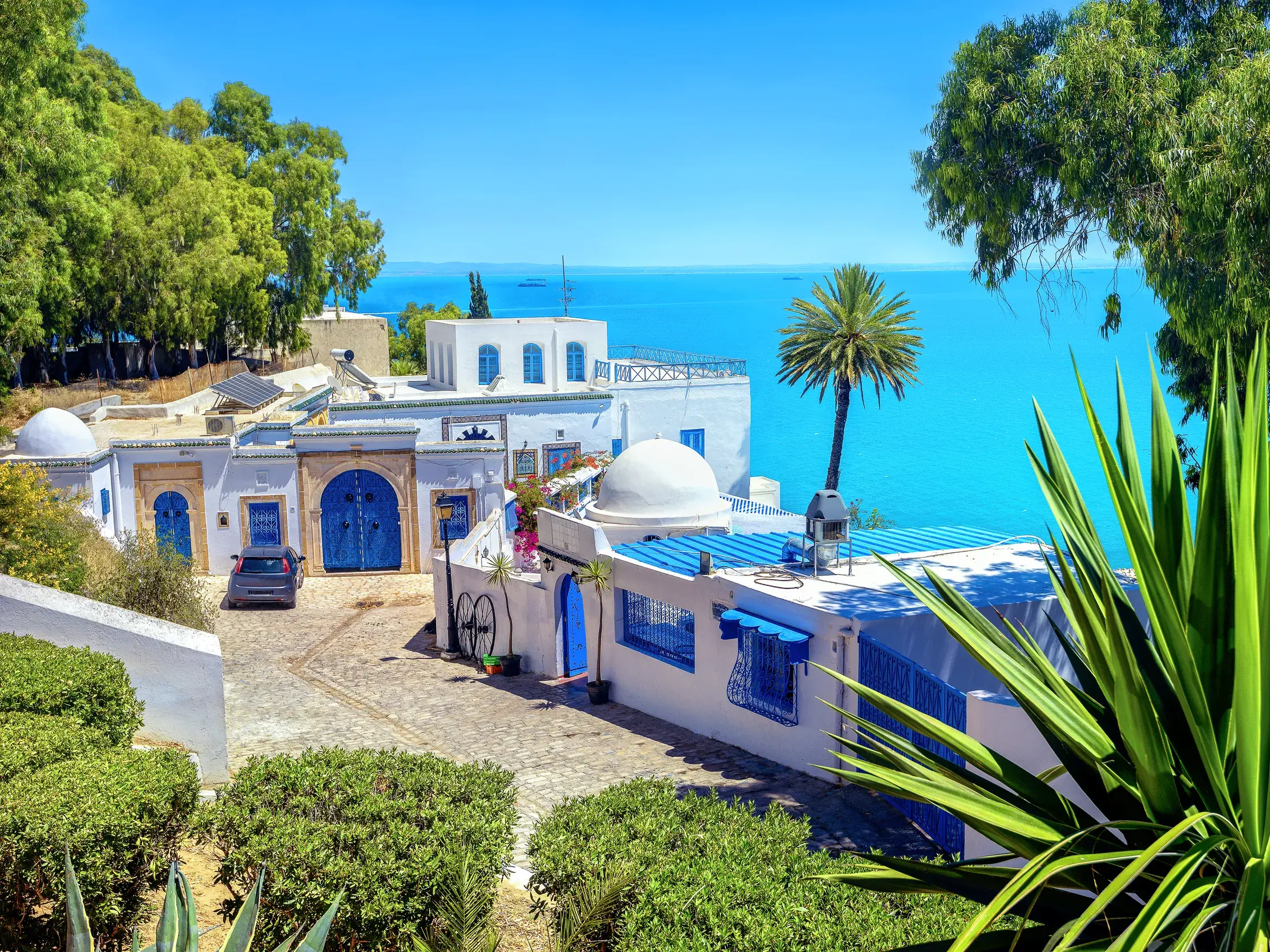 Weiße Häuser mit blauen Türen und Kuppeln vor dem Mittelmeer im Künstlerdorf Sidi Bou Said in Tunesien.