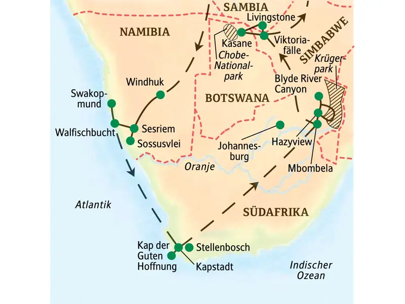 Karte der Studiosus-Studienreise durch 5 Länder im Südlichen Afrika von Windhuk über Kapstadt und den Krügerpark zu den Viktoriafällen.