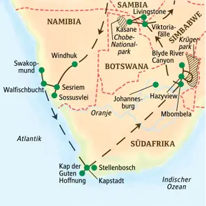 Karte der Studiosus-Studienreise durch 5 Länder im Südlichen Afrika von Windhuk über Kapstadt und den Krügerpark zu den Viktoriafällen.