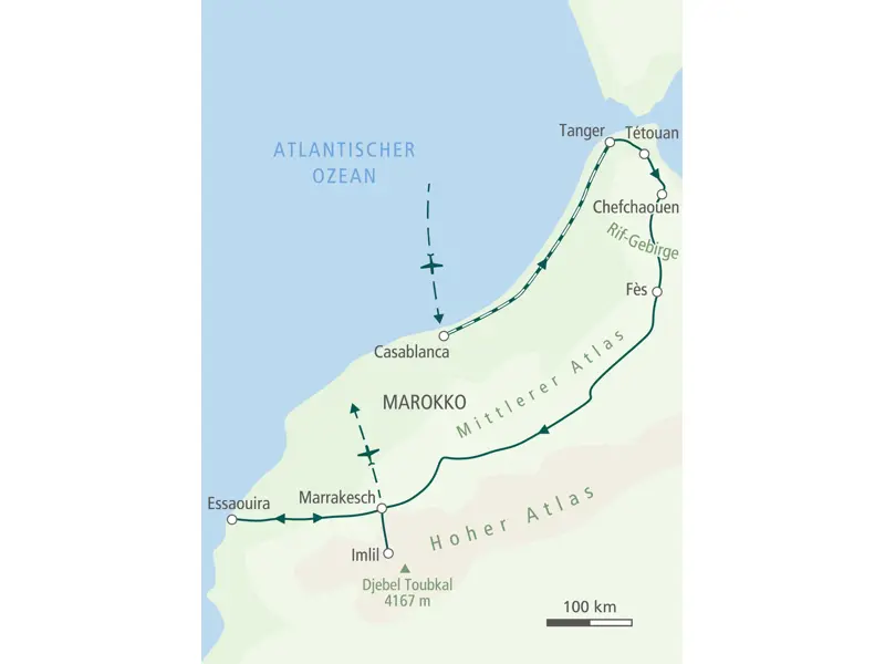 Karte der Hauser Wanderreise in Marokko. Die Route führt von Casablanca über Tanger, Fès, den Hohen Atlas und Essaouira nach Marrakesch.