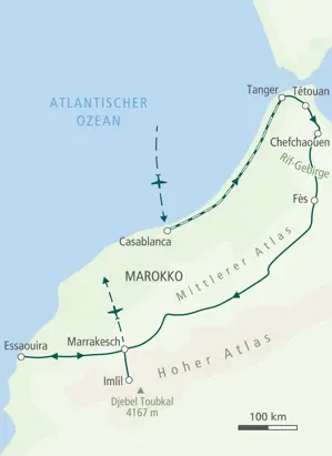 Karte der Hauser Wanderreise in Marokko. Die Route führt von Casablanca über Tanger, Fès, den Hohen Atlas und Essaouira nach Marrakesch.