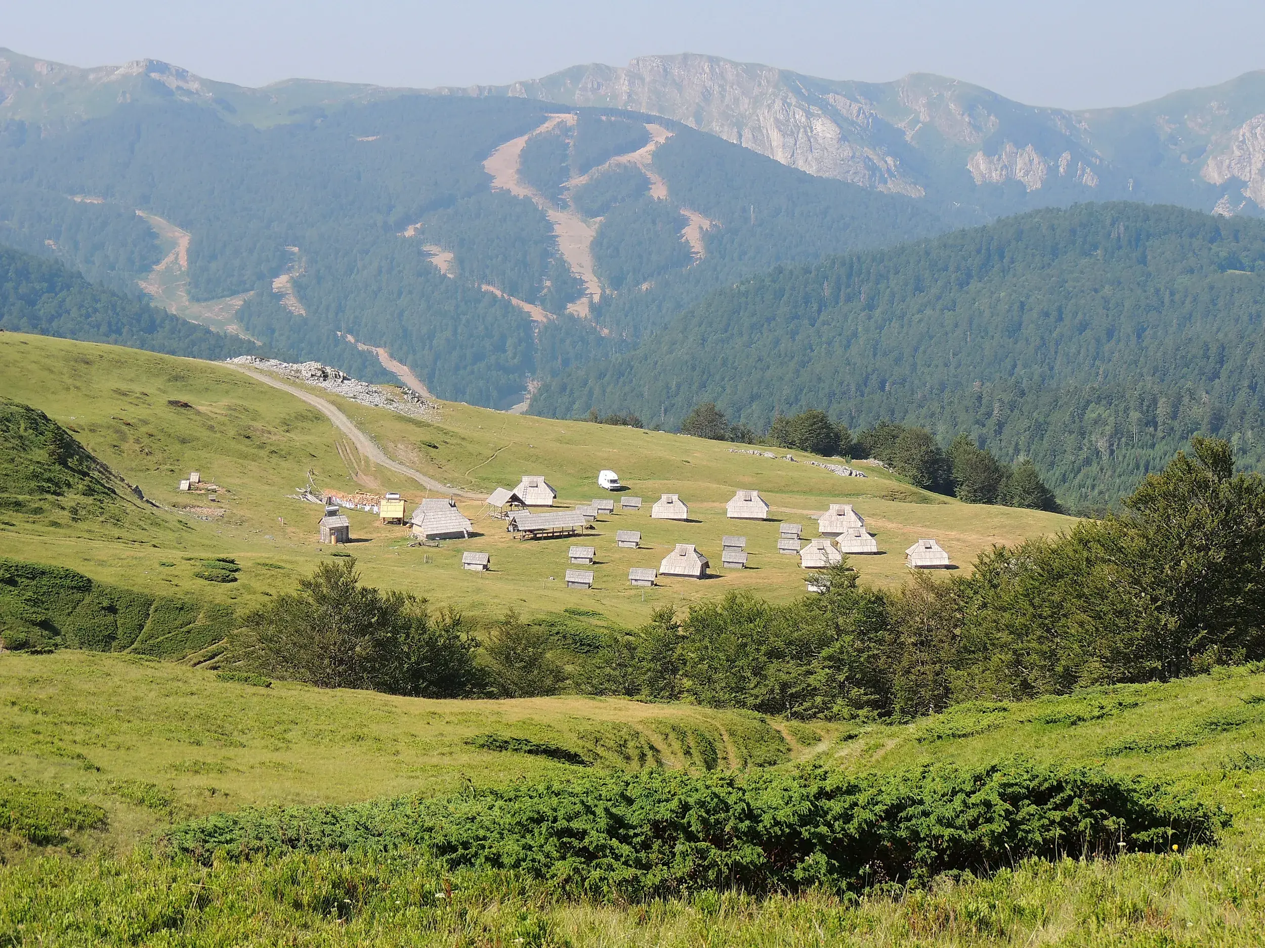 Traditionelle Almhütten eines Bergbauernhofs auf grünen Wiesen im Bjelasica-Gebirge während einer Wanderreise in Montenegro.