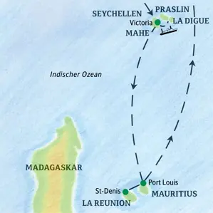 Übersichtskarte unserer Studienreise im Indischen Ozean: von den Seychellen (Mahé, Praslin) über Mauritius nach La Réunion.
