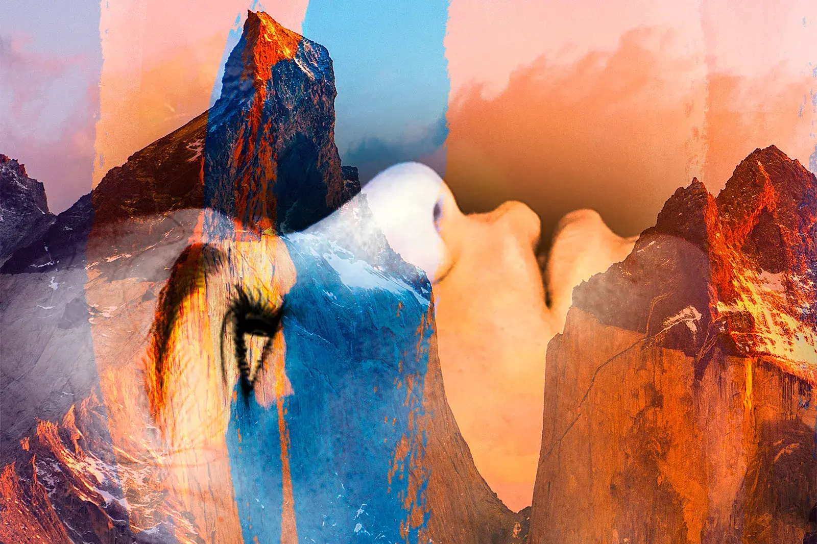 Künstlerische Collage einer Person im Antlitz der Anden, die die mystische und spirituelle Bergwelt Südamerikas symbolisiert.