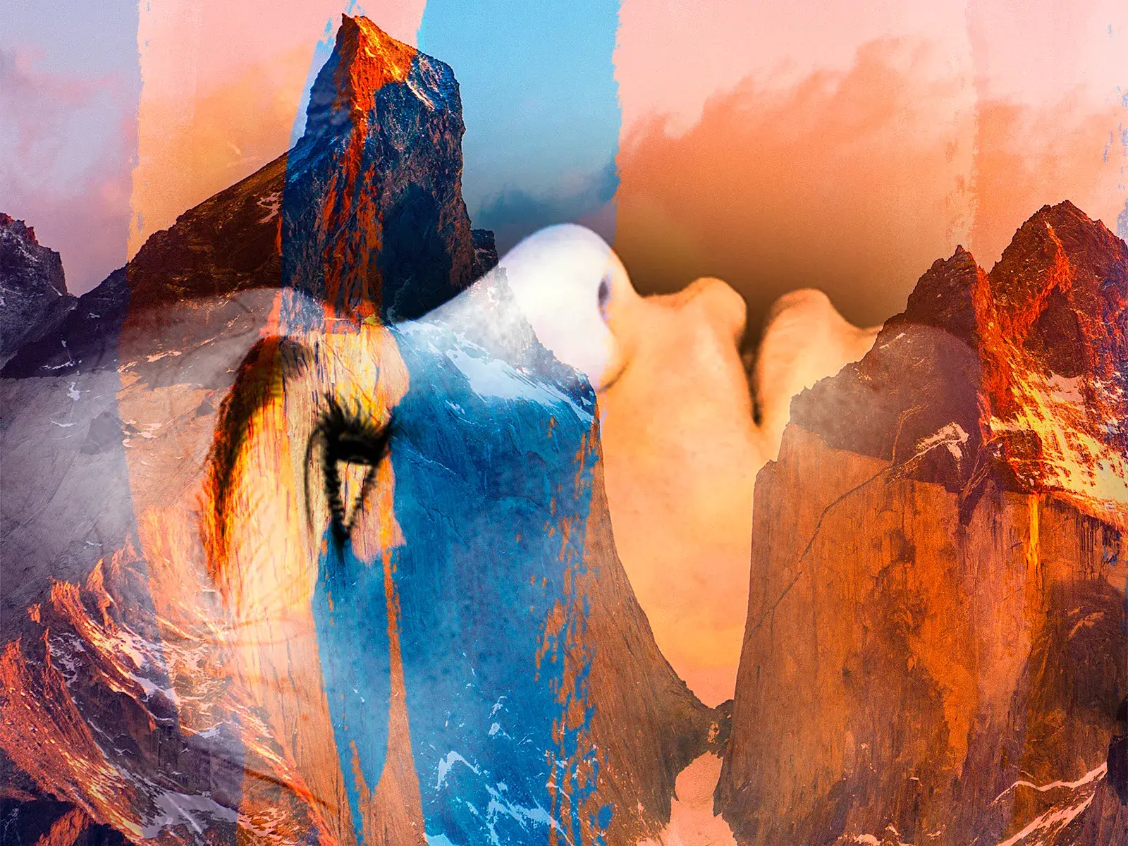 Künstlerische Collage einer Person im Antlitz der Anden, die die mystische und spirituelle Bergwelt Südamerikas symbolisiert.