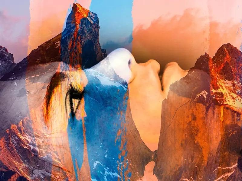 Künstlerische Collage einer Person im Antlitz der Anden, die die mystische und spirituelle Bergwelt Südamerikas symbolisiert.