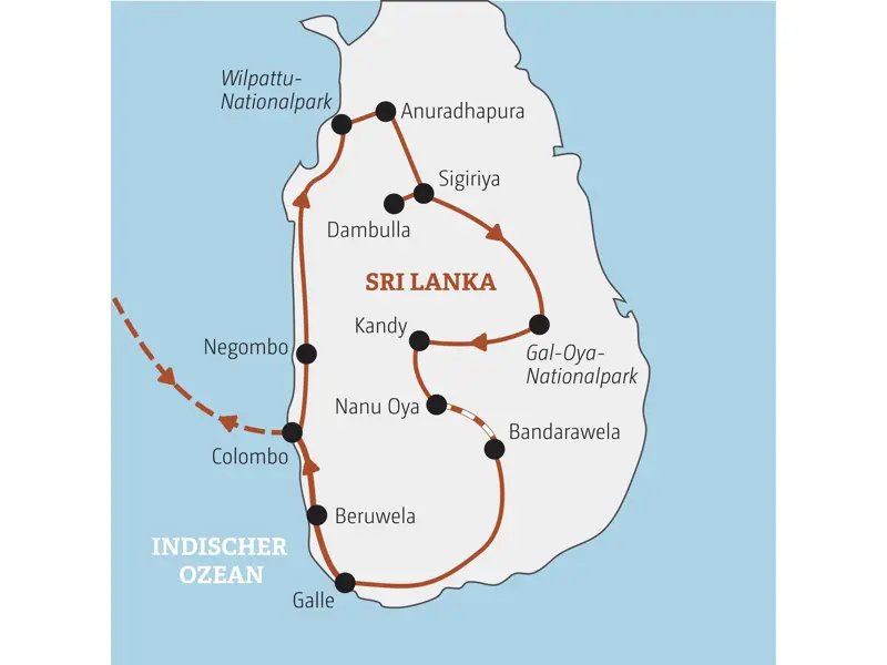 Karte der Marco Polo YOUNG LINE TRAVEL Gruppenreise für junge Leute in Sri Lanka: Die Route führt von Colombo über Anuradhapura, Sigiriya und Kandy nach Beruwala.