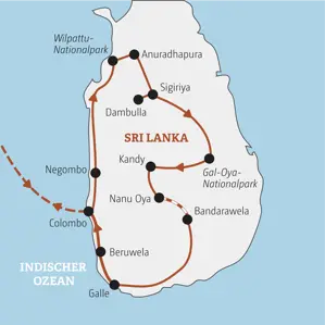 Karte der Marco Polo YOUNG LINE TRAVEL Gruppenreise für junge Leute in Sri Lanka: Die Route führt von Colombo über Anuradhapura, Sigiriya und Kandy nach Beruwala.
