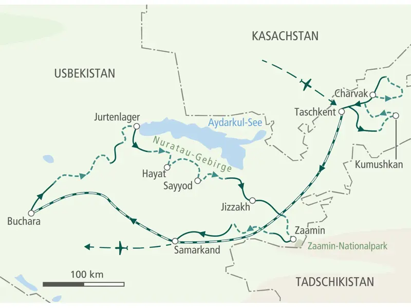 Karte der Radreise in Usbekistan: Route von Taschkent über Buchara, das Nuratau-Gebirge und die Kysylkum-Wüste nach Samarkand.