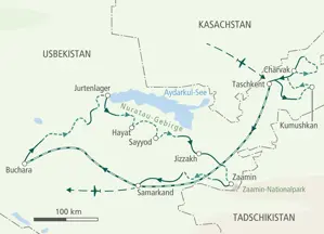 Karte der Radreise in Usbekistan: Route von Taschkent über Buchara, das Nuratau-Gebirge und die Kysylkum-Wüste nach Samarkand.