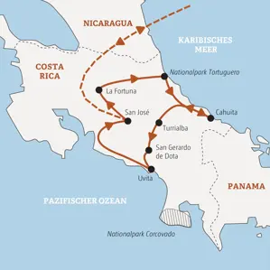 Karte unserer geführten Rundreise in Costa Rica ab San José über La Fortuna, Tortuguero, Cahuita und Turrialba nach Uvita.