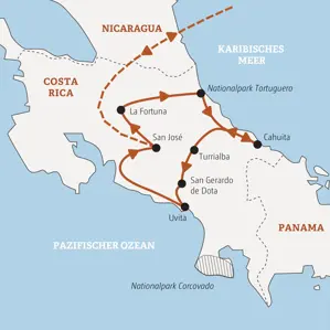 Karte unserer geführten Rundreise in Costa Rica ab San José über La Fortuna, Tortuguero, Cahuita und Turrialba nach Uvita.