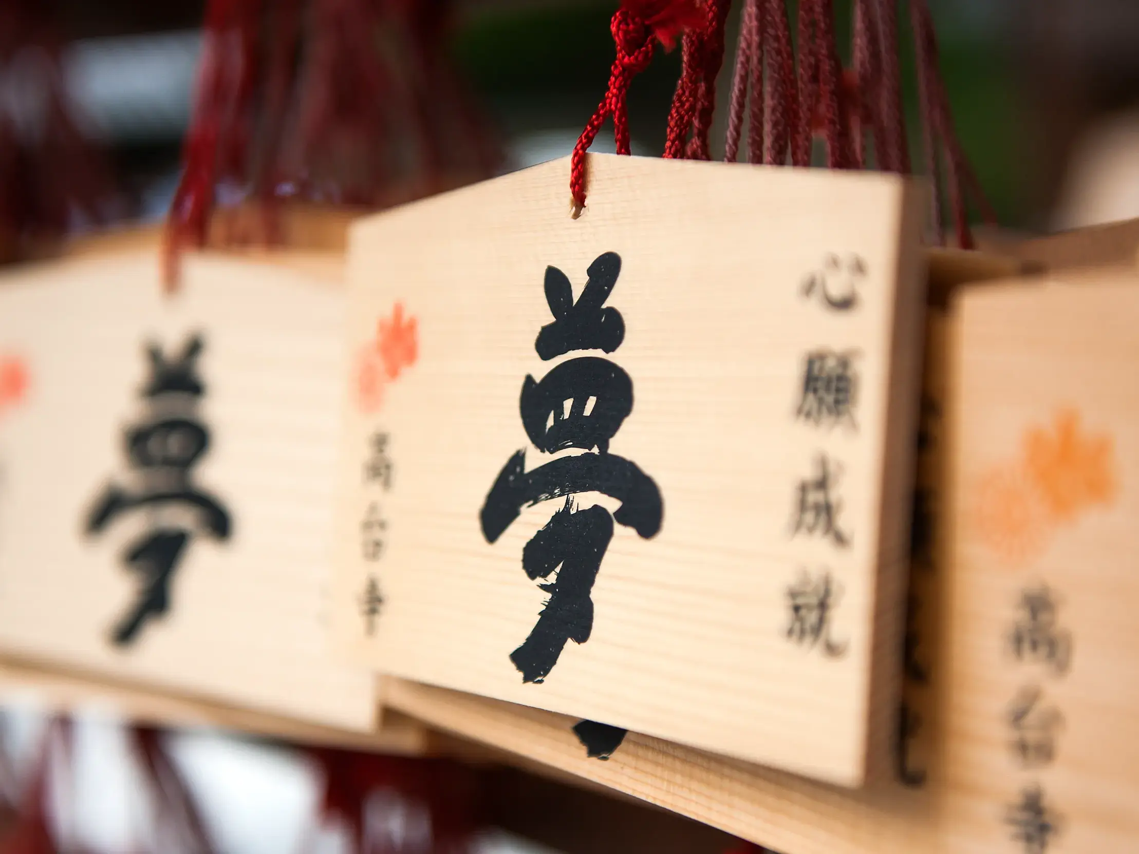 Ema-Wunschtafeln mit Kalligrafie hängen während einer Studiosus Studienreise an einem japanischen Shinto-Schrein in Tokio.
