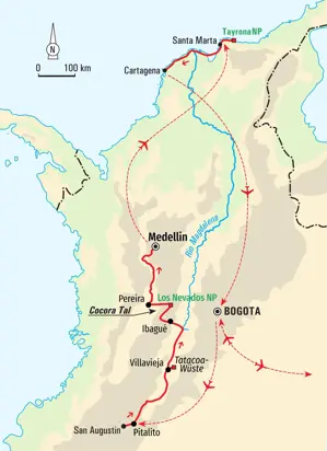 Karte der Hauser Wanderreise in Kolumbien: Route von Bogotá über das Cocora-Tal und Medellín bis zur Karibikküste bei Cartagena.