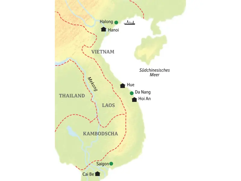 Reiseroute der Kleingruppenreise in Vietnam, die von Saigon im Süden über Hoi An, Hue und Hanoi bis in die Halongbucht führt.