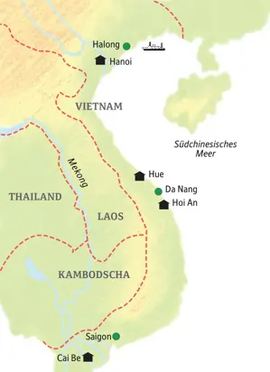 Reiseroute der Kleingruppenreise in Vietnam, die von Saigon im Süden über Hoi An, Hue und Hanoi bis in die Halongbucht führt.