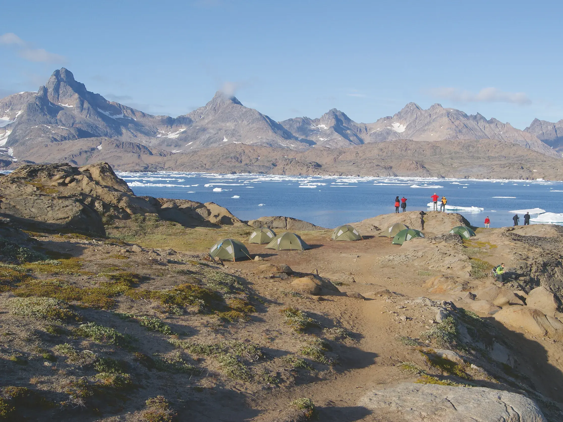 Zelt-Camp einer Wandergruppe in Ostgrönlands Fjordlandschaft mit Blick auf Eisberge und schroffe, felsige Berggipfel.